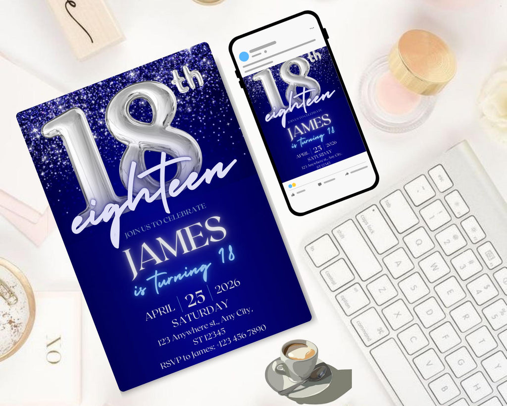 Navy Blue Silver Teenager Birthday Invitation, Birthday Party Invite, Let’s Party, Editable Blue and Silver Template, Instant Download