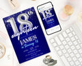 Navy Blue Silver Teenager Birthday Invitation, Birthday Party Invite, Let’s Party, Editable Blue and Silver Template, Instant Download