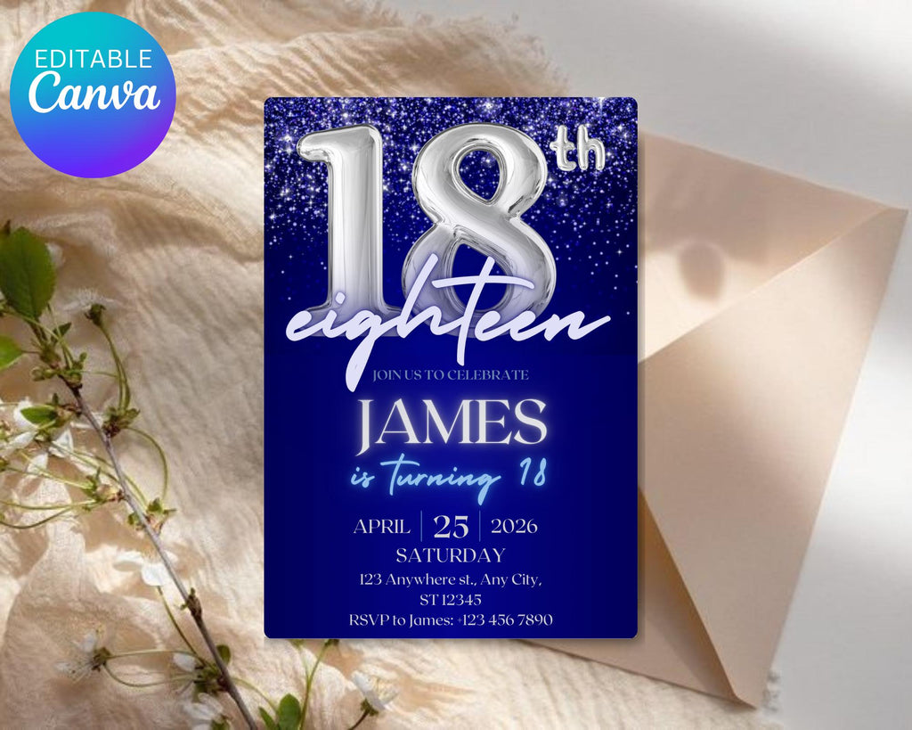 Navy Blue Silver Teenager Birthday Invitation, Birthday Party Invite, Let’s Party, Editable Blue and Silver Template, Instant Download