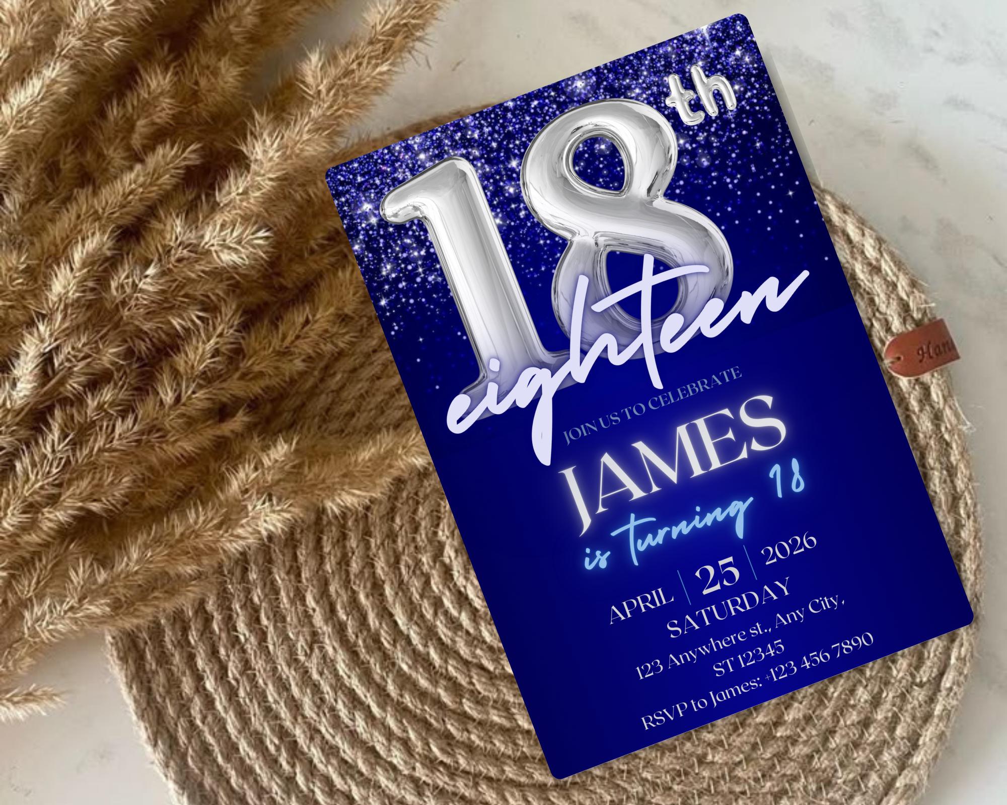 Navy Blue Silver Teenager Birthday Invitation, Birthday Party Invite, Let’s Party, Editable Blue and Silver Template, Instant Download