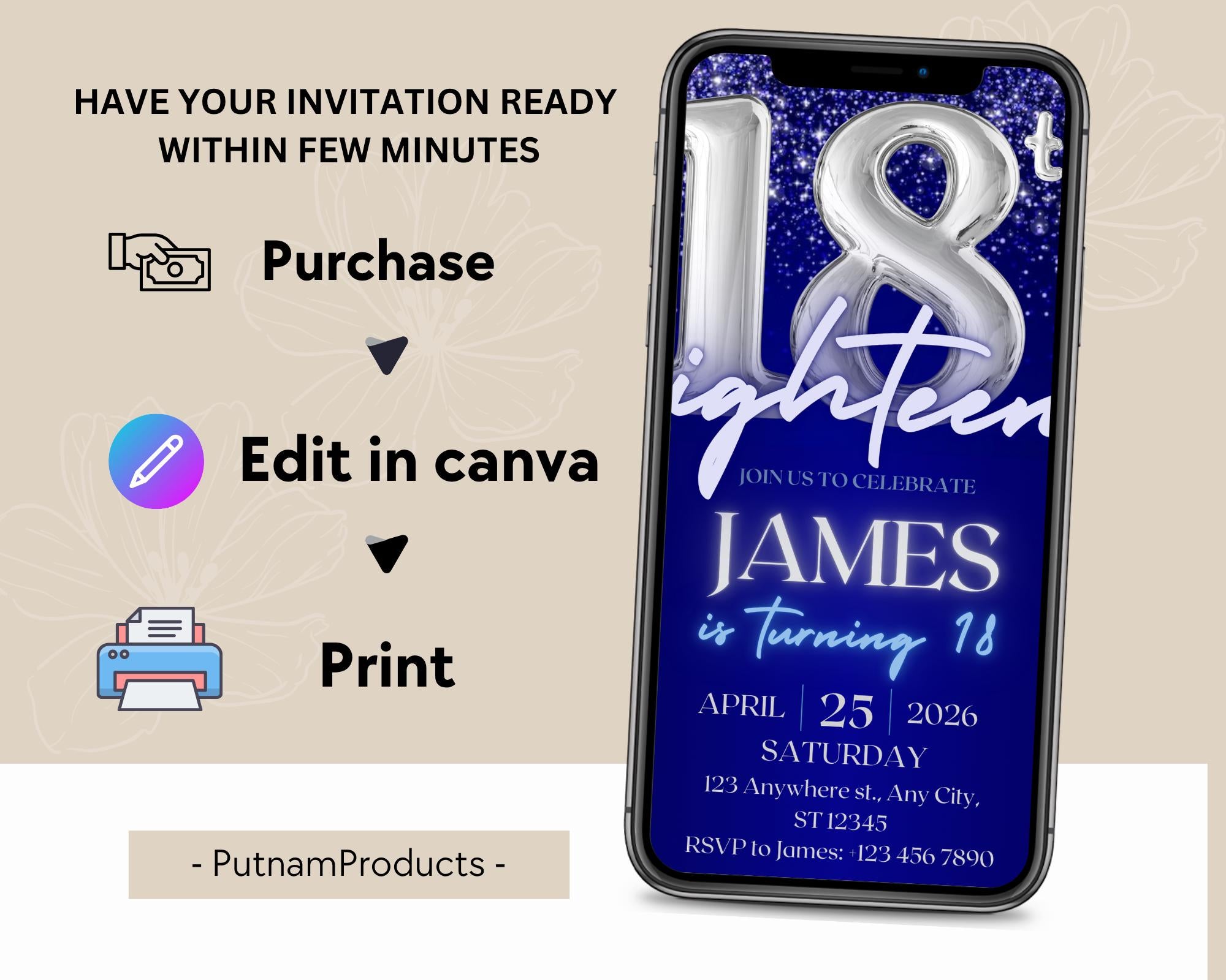 Navy Blue Silver Teenager Birthday Invitation, Birthday Party Invite, Let’s Party, Editable Blue and Silver Template, Instant Download