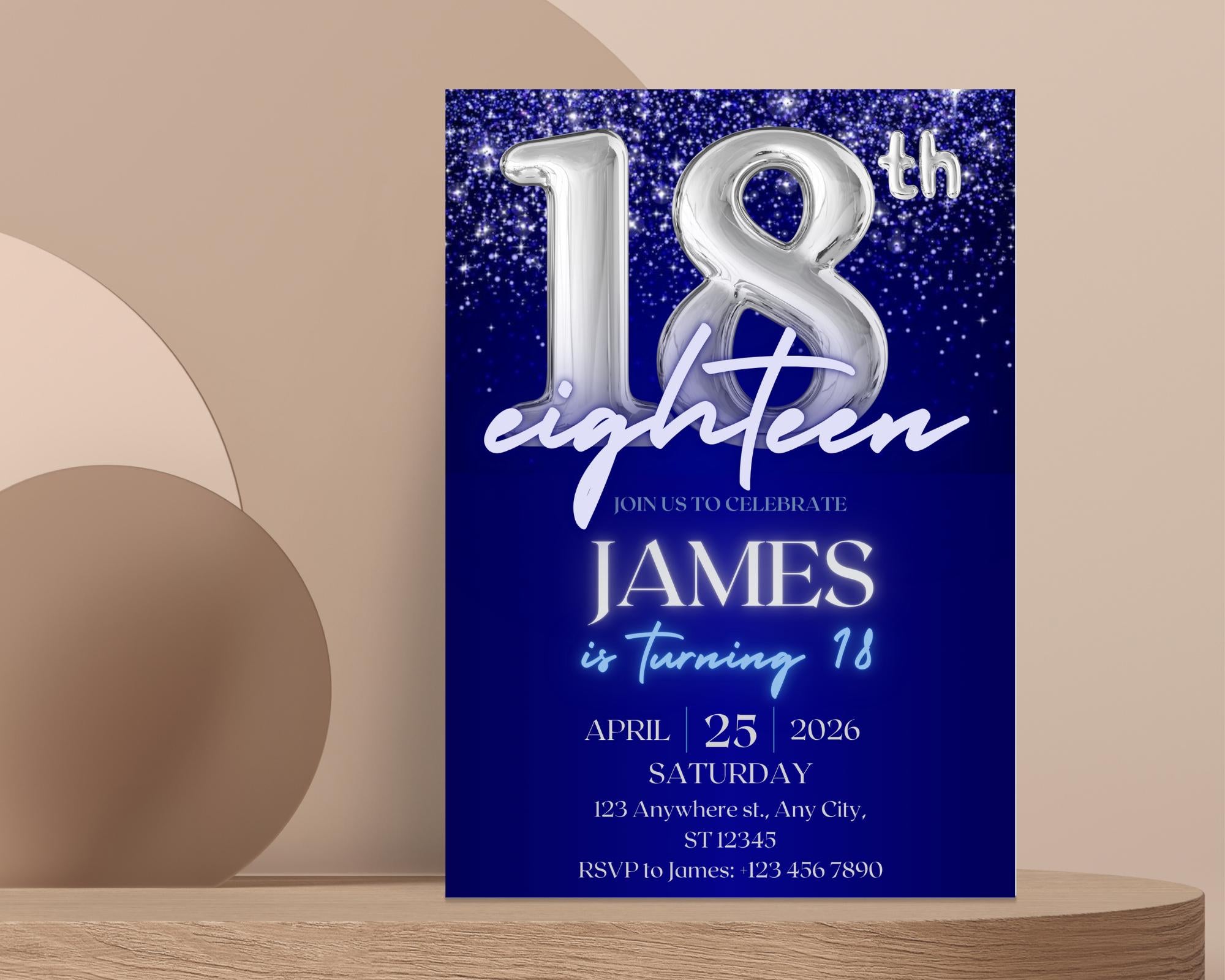 Navy Blue Silver Teenager Birthday Invitation, Birthday Party Invite, Let’s Party, Editable Blue and Silver Template, Instant Download
