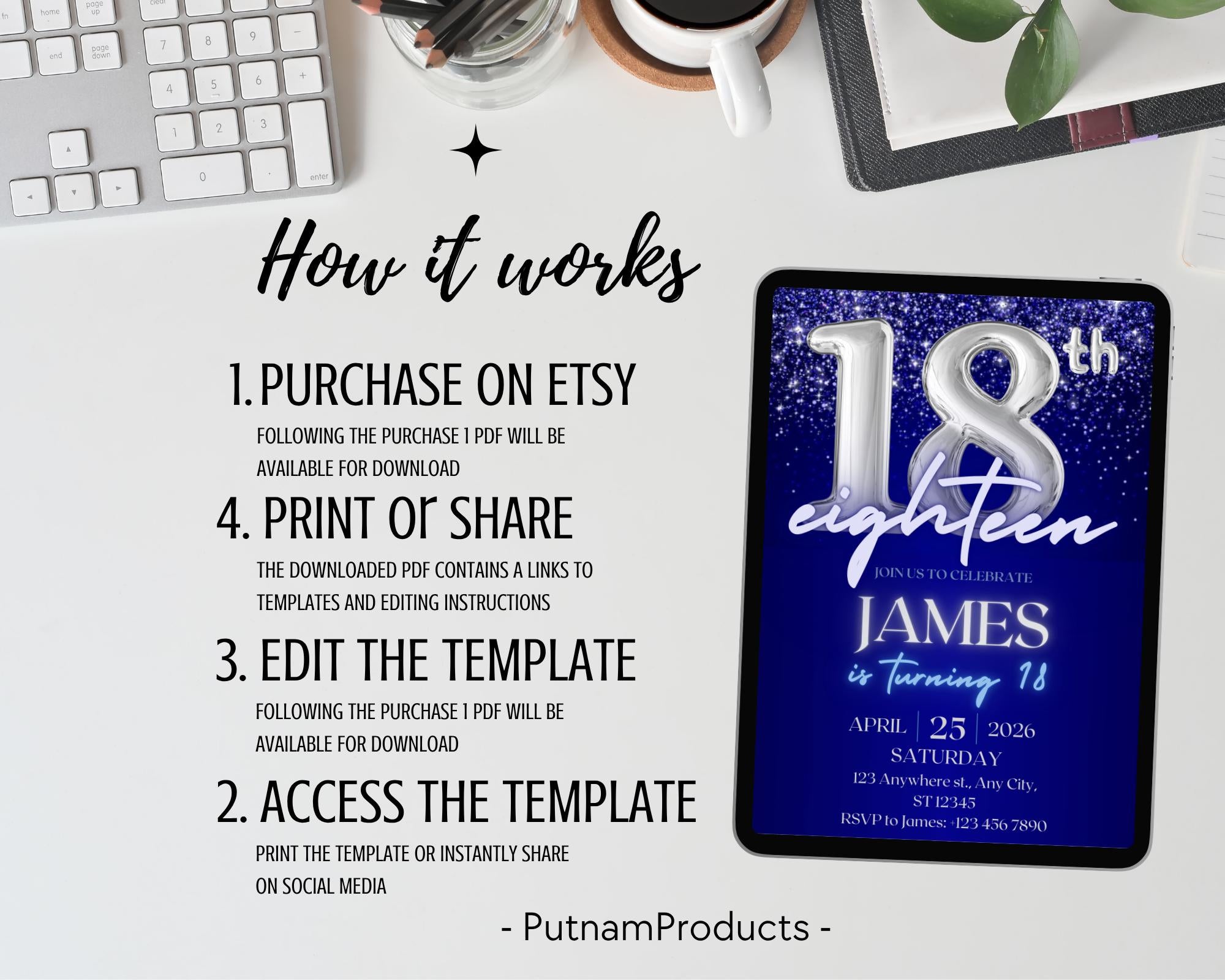 Navy Blue Silver Teenager Birthday Invitation, Birthday Party Invite, Let’s Party, Editable Blue and Silver Template, Instant Download