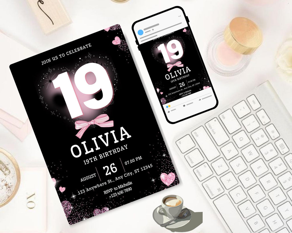 Editable Pink Balloon 19th Birthday Invitation Template for Girls, Printable Pink Confetti Girls Invites, Teenager Birthday Party Invitation