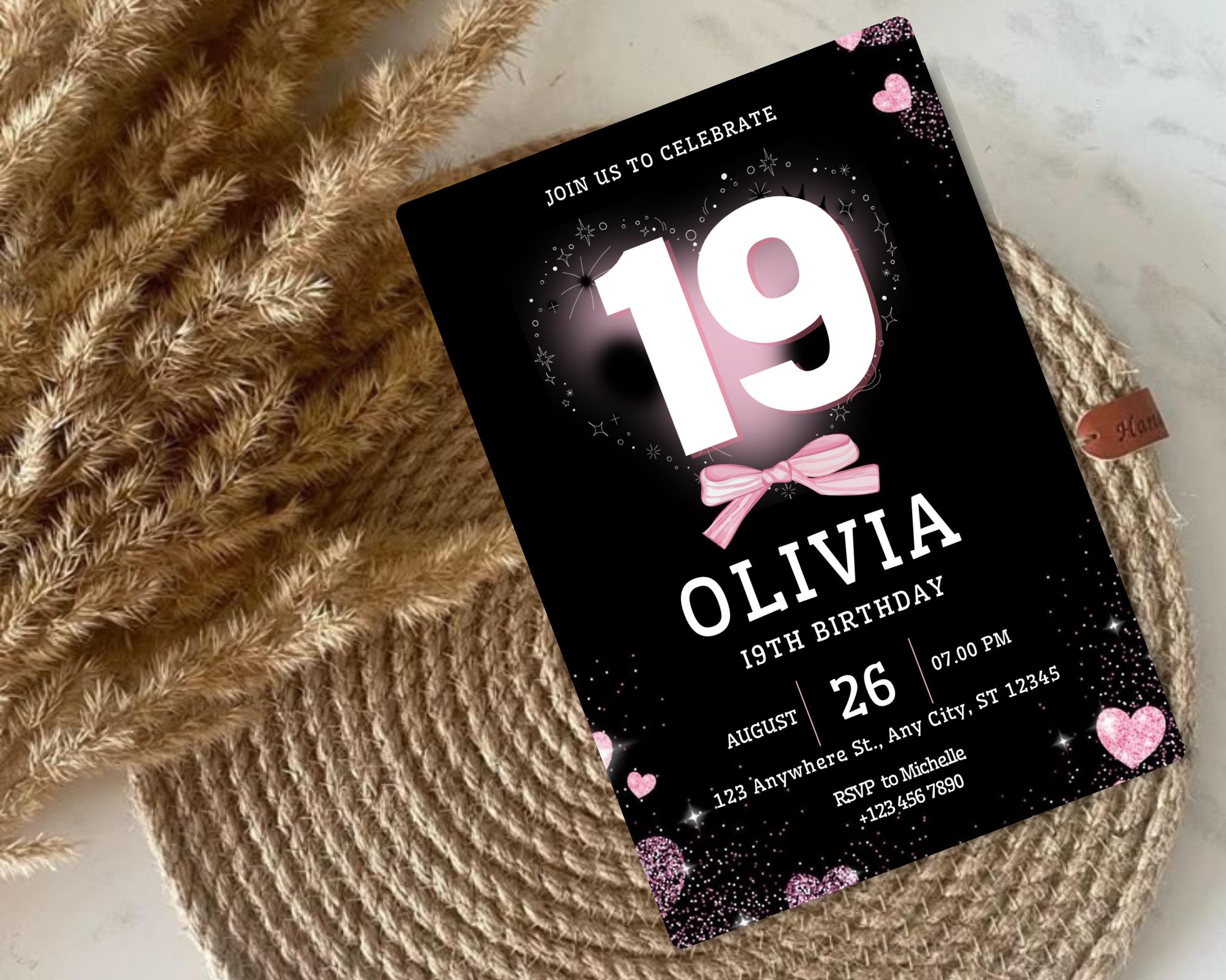 Editable Pink Balloon 19th Birthday Invitation Template for Girls, Printable Pink Confetti Girls Invites, Teenager Birthday Party Invitation