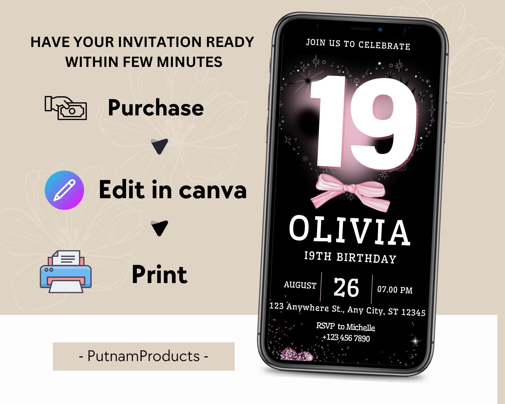 Editable Pink Balloon 19th Birthday Invitation Template for Girls, Printable Pink Confetti Girls Invites, Teenager Birthday Party Invitation