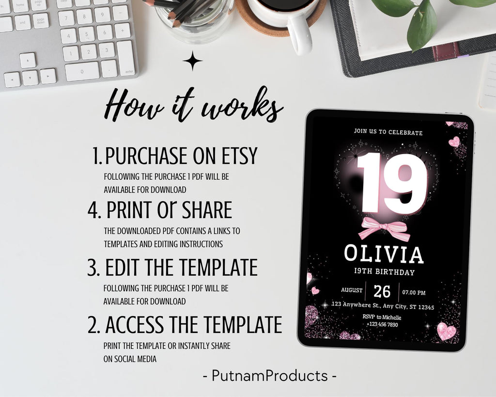 Editable Pink Balloon 19th Birthday Invitation Template for Girls, Printable Pink Confetti Girls Invites, Teenager Birthday Party Invitation