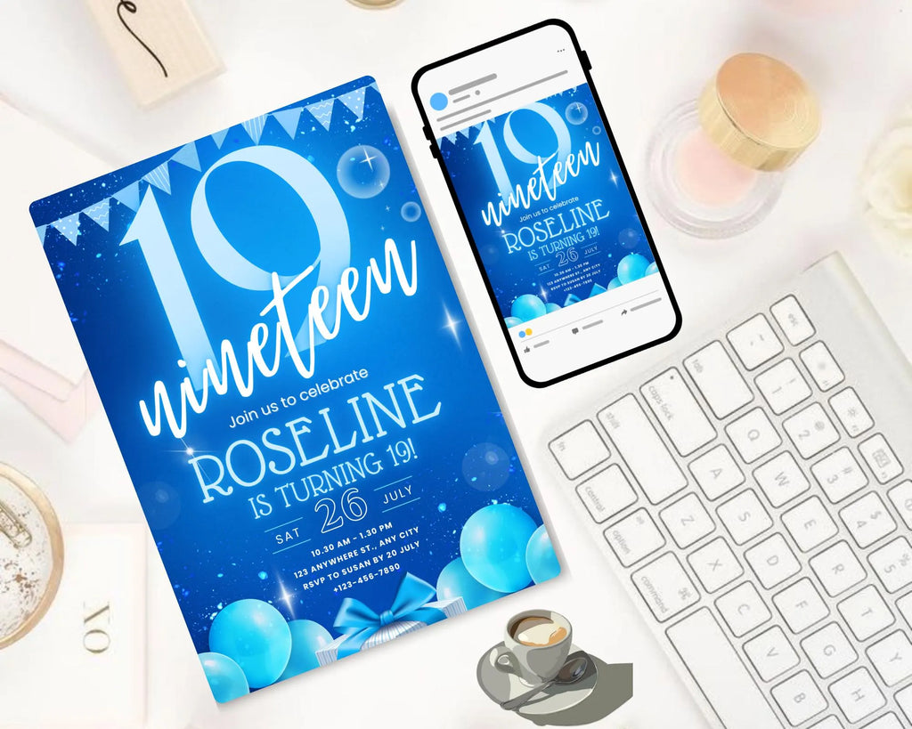Neon Blue Teenager Birthday Invitation, Birthday Party Invite, Let’s Party, Blue Bold nineteen Birthday Invitation, Instant Download
