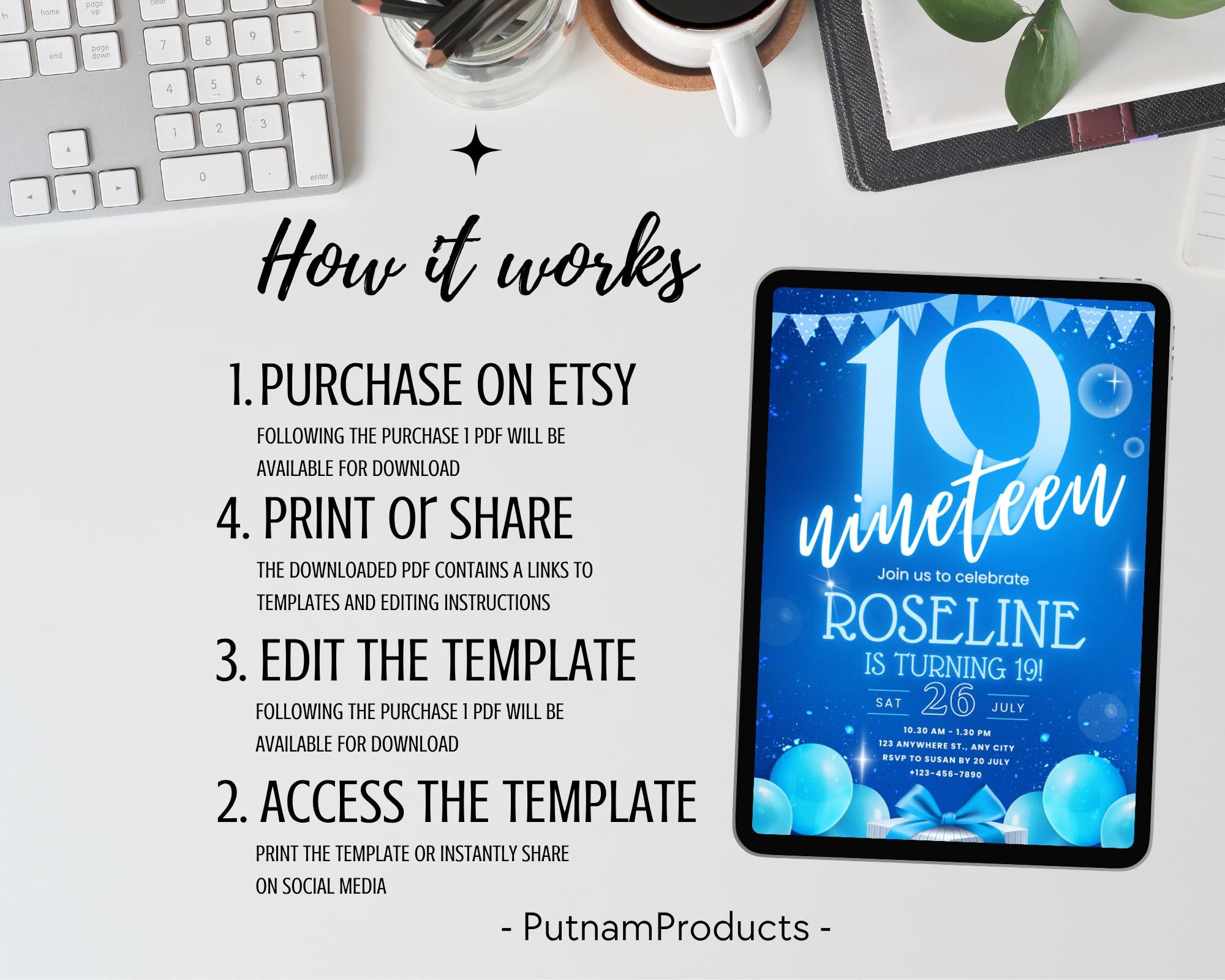 Neon Blue Teenager Birthday Invitation, Birthday Party Invite, Let’s Party, Blue Bold nineteen Birthday Invitation, Instant Download