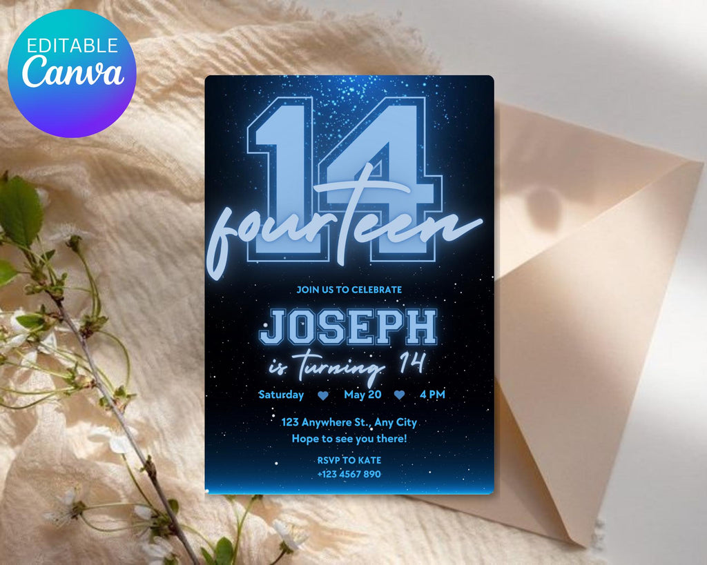 Black and Blue Glittering Birthday Invitation, Teenage Birthday Invite, Black Blue Glitter Birthday Invitation, Birthday Invitation Template