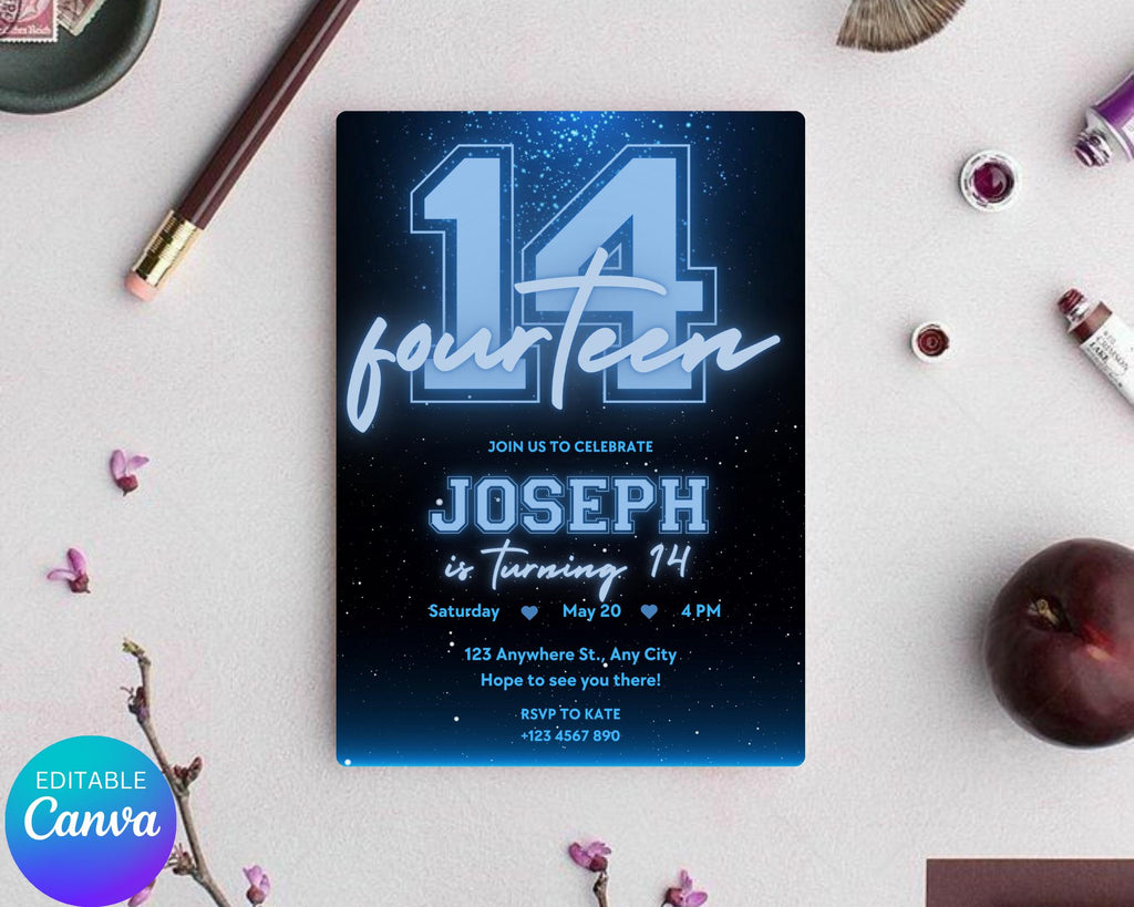 Black and Blue Glittering Birthday Invitation, Teenage Birthday Invite, Black Blue Glitter Birthday Invitation, Birthday Invitation Template