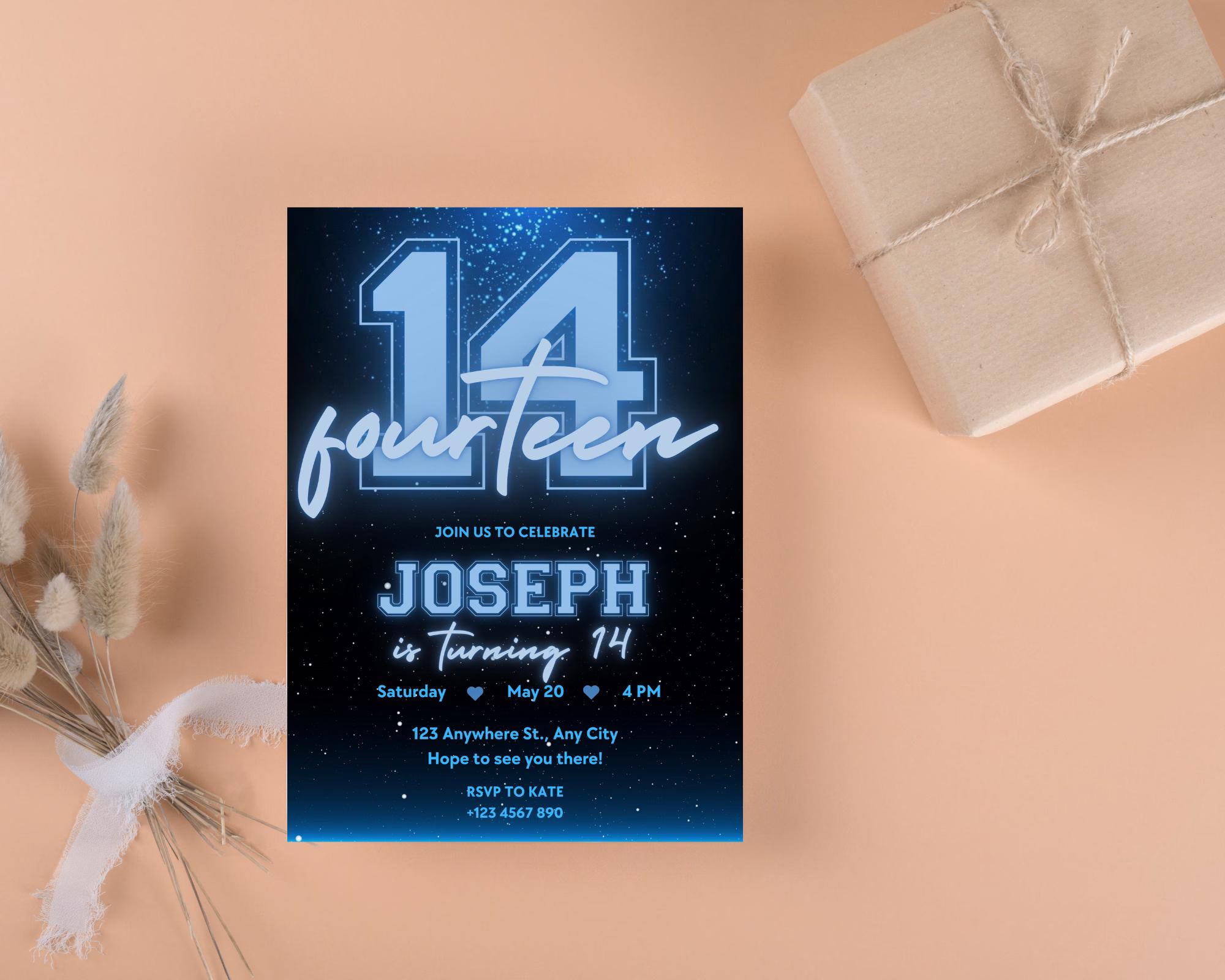 Black and Blue Glittering Birthday Invitation, Teenage Birthday Invite, Black Blue Glitter Birthday Invitation, Birthday Invitation Template
