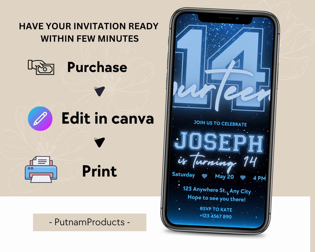 Black and Blue Glittering Birthday Invitation, Teenage Birthday Invite, Black Blue Glitter Birthday Invitation, Birthday Invitation Template