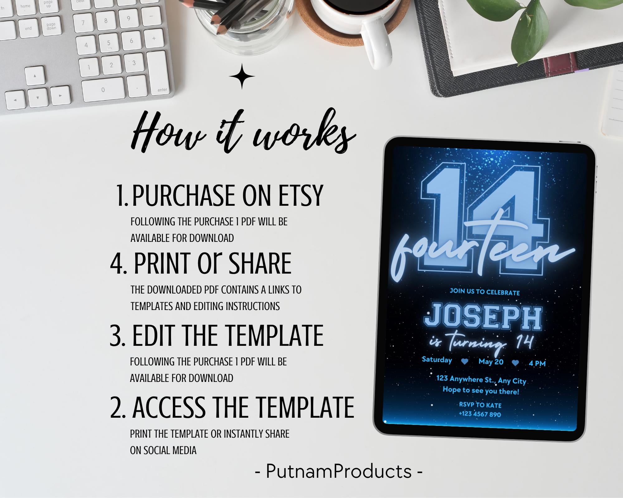 Black and Blue Glittering Birthday Invitation, Teenage Birthday Invite, Black Blue Glitter Birthday Invitation, Birthday Invitation Template