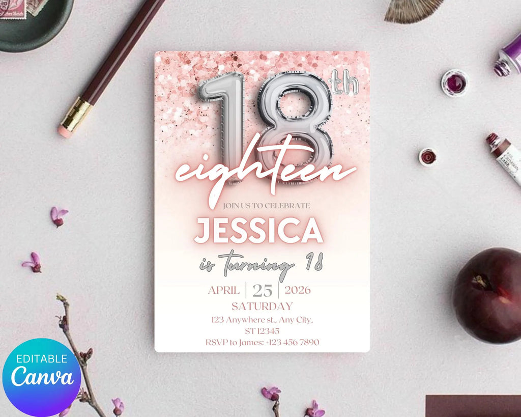 Editable Pink 18th Birthday Invitation Template, Pink Glitter Birthday Party Invite, Girl Eighteenth Birthday, Instant Download Template