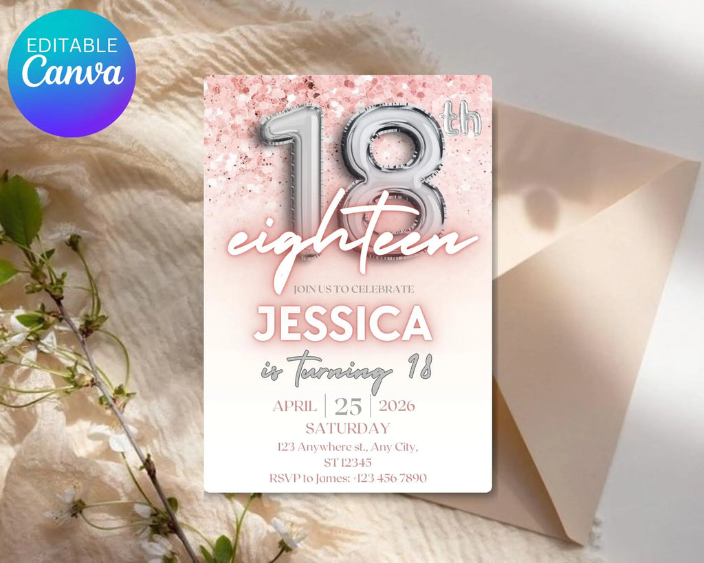 Editable Pink 18th Birthday Invitation Template, Pink Glitter Birthday Party Invite, Girl Eighteenth Birthday, Instant Download Template