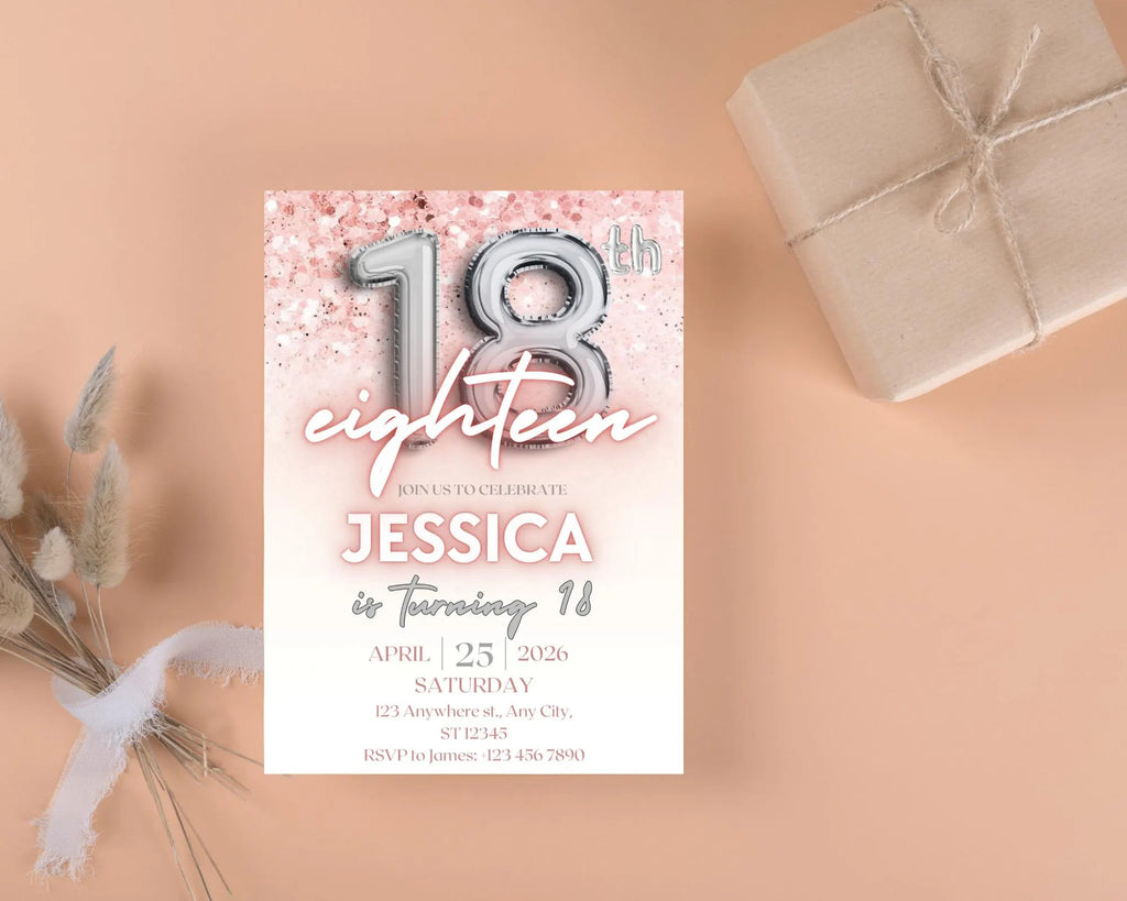 Editable Pink 18th Birthday Invitation Template, Pink Glitter Birthday Party Invite, Girl Eighteenth Birthday, Instant Download Template