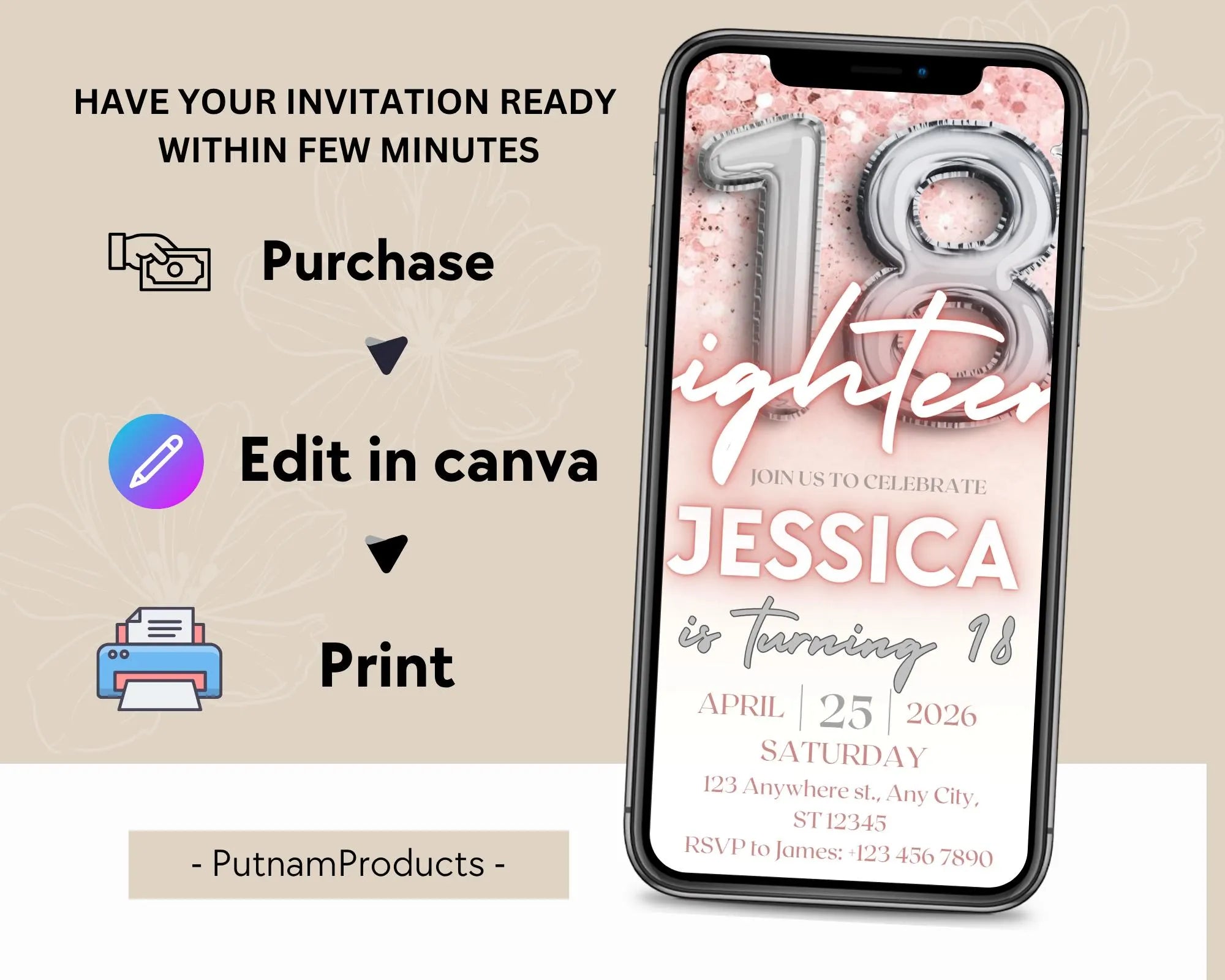 Editable Pink 18th Birthday Invitation Template, Pink Glitter Birthday Party Invite, Girl Eighteenth Birthday, Instant Download Template