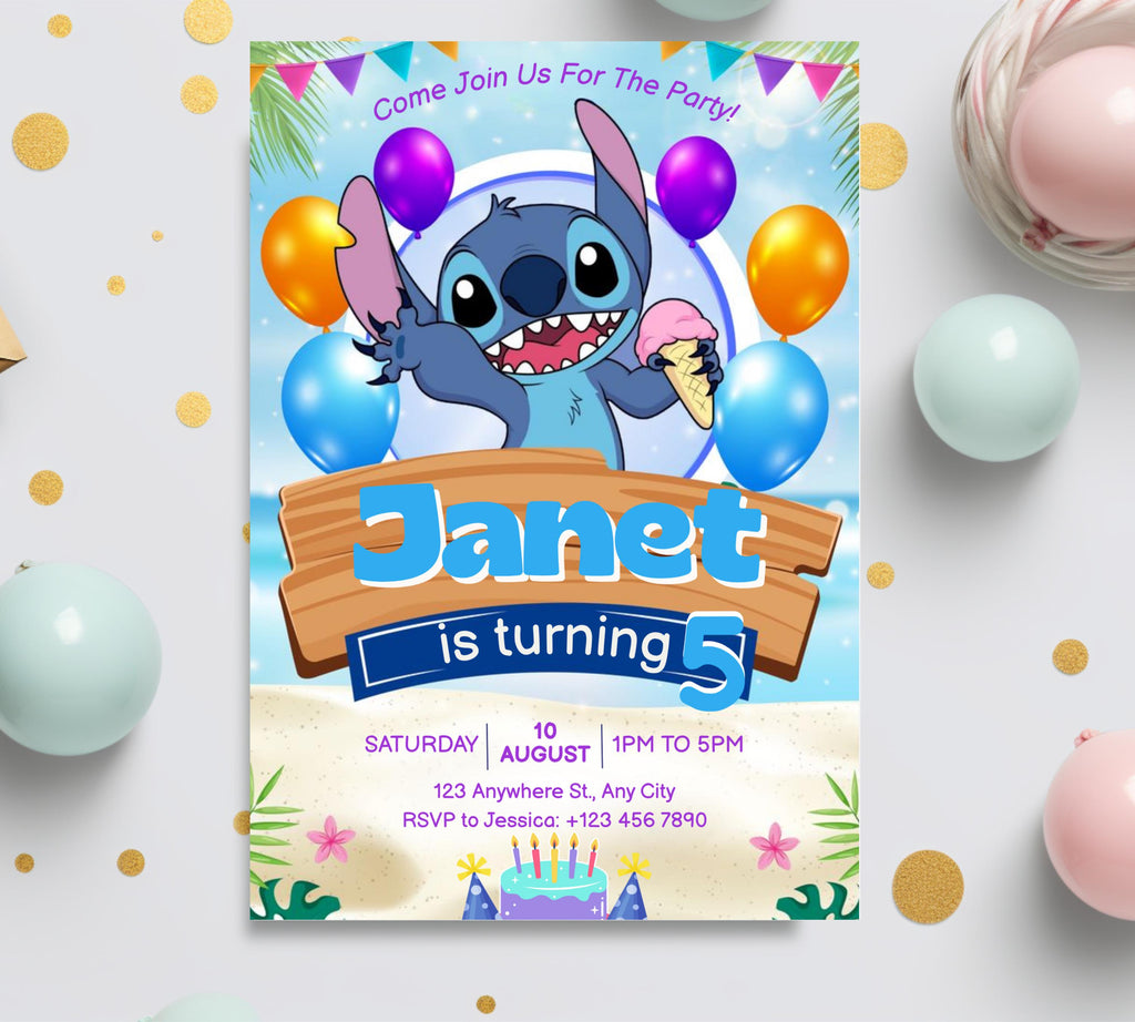 Stitch Birthday Invitation Editable Template, Editable Kids Birthday Invitation, Stitch Birthday Party Invitation, Invite Canva Template