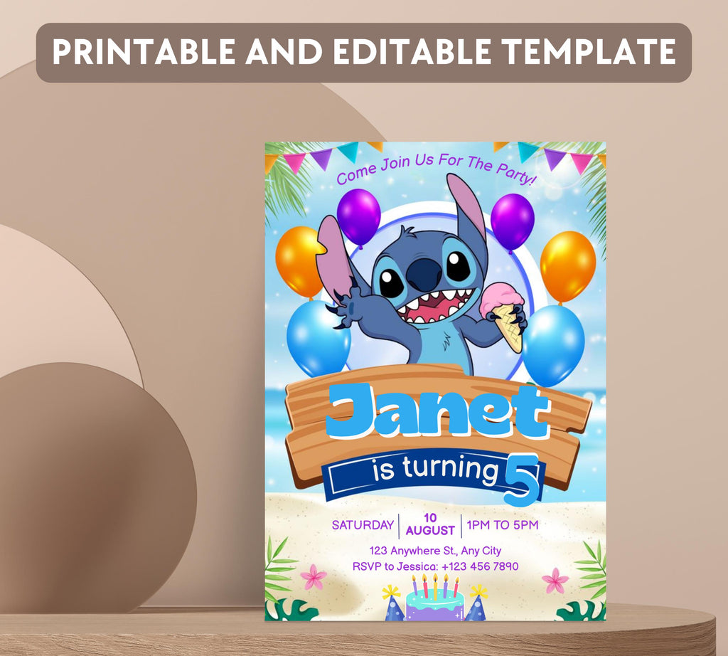 Stitch Birthday Invitation Editable Template, Editable Kids Birthday Invitation, Stitch Birthday Party Invitation, Invite Canva Template