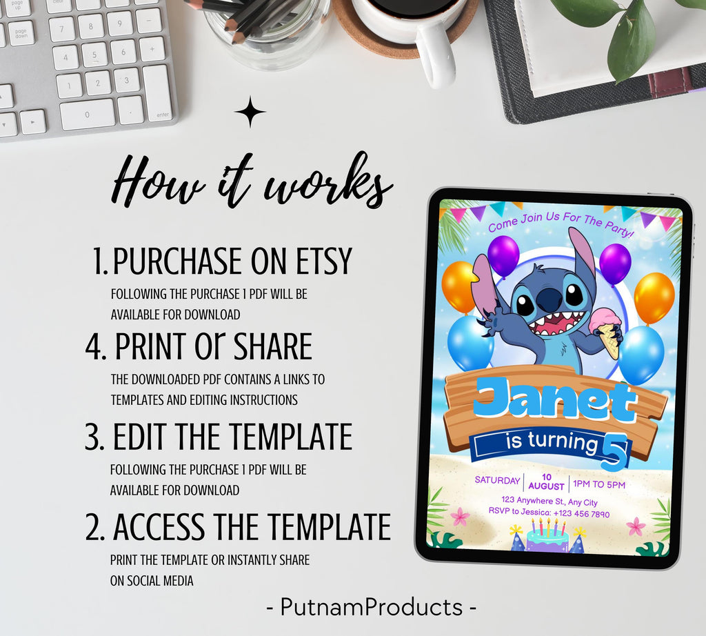 Stitch Birthday Invitation Editable Template, Editable Kids Birthday Invitation, Stitch Birthday Party Invitation, Invite Canva Template