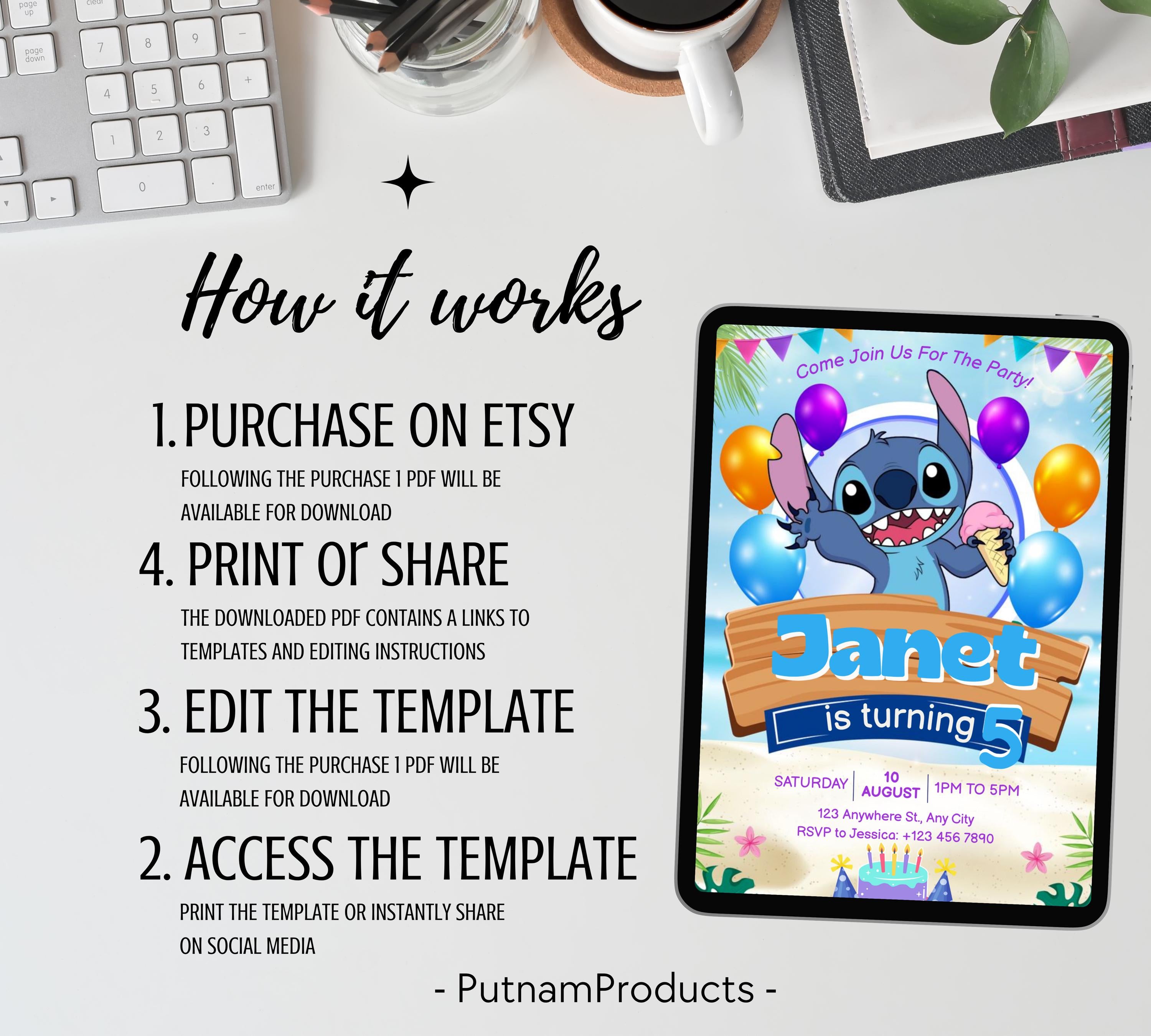 Stitch Birthday Invitation Editable Template, Editable Kids Birthday Invitation, Stitch Birthday Party Invitation, Invite Canva Template