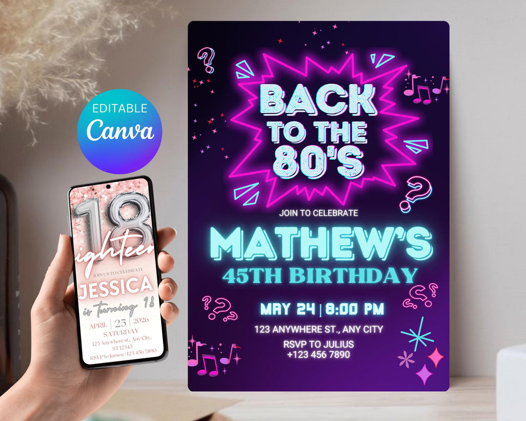 Editable 80s Birthday Party Invitation, Back To The 80s, Throwback Party, Neon Party, Glow Dance, 2000s Birthday, Adult Birthday Invitation