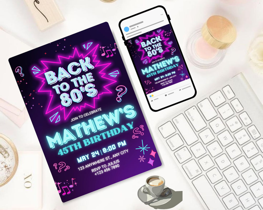 Editable 80s Birthday Party Invitation, Back To The 80s, Throwback Party, Neon Party, Glow Dance, 2000s Birthday, Adult Birthday Invitation