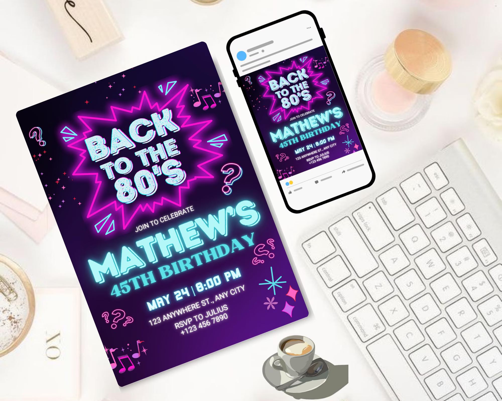 Editable 80s Birthday Party Invitation, Back To The 80s, Throwback Party, Neon Party, Glow Dance, 2000s Birthday, Adult Birthday Invitation