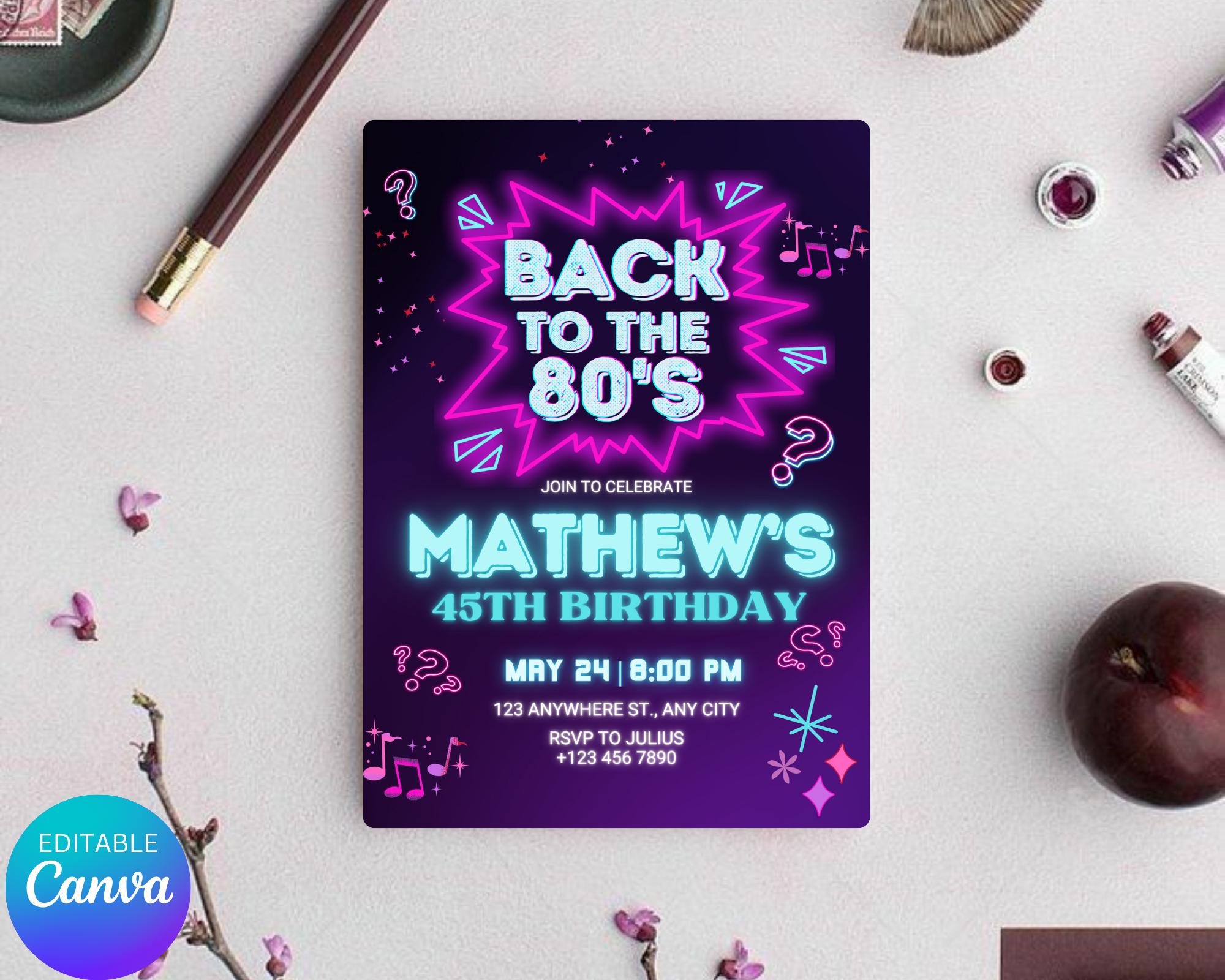 Editable 80s Birthday Party Invitation, Back To The 80s, Throwback Party, Neon Party, Glow Dance, 2000s Birthday, Adult Birthday Invitation