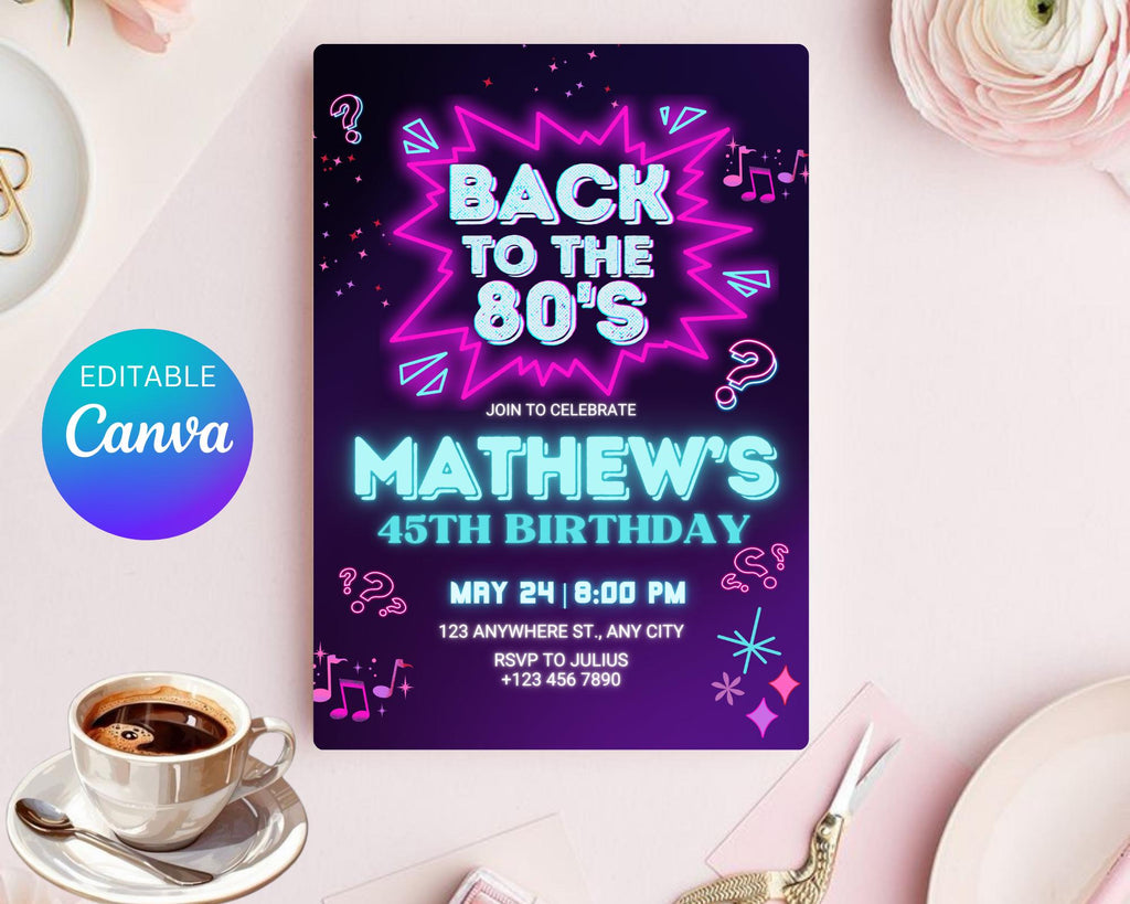 Editable 80s Birthday Party Invitation, Back To The 80s, Throwback Party, Neon Party, Glow Dance, 2000s Birthday, Adult Birthday Invitation