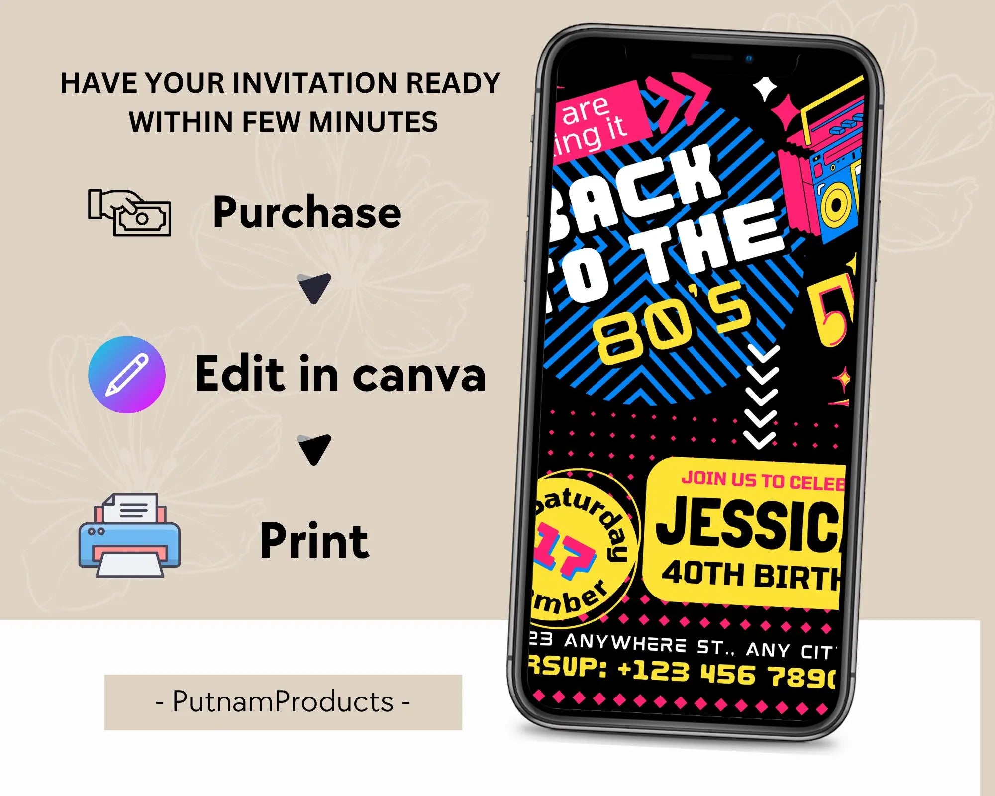 Editable 80s Birthday Party Invitation, Adult Birthday Invite, Back To The 80s, Throwback Party, Neon Party, Glow Dance, 2000s Birthday