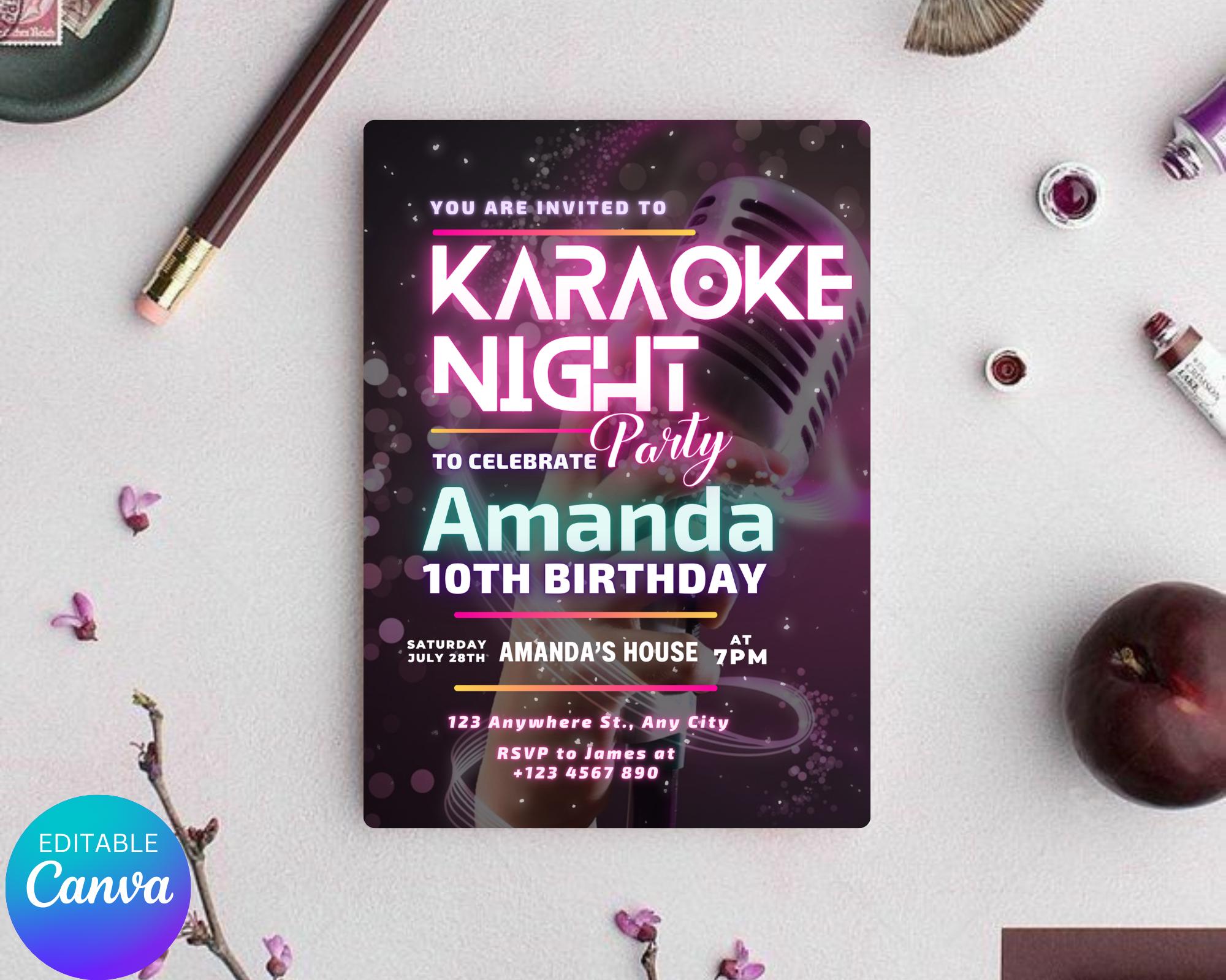Editable Karaoke Party Birthday Invitation, Glow Karaoke birthday party, Neon singing music party invite, Karaoke and glow instant download