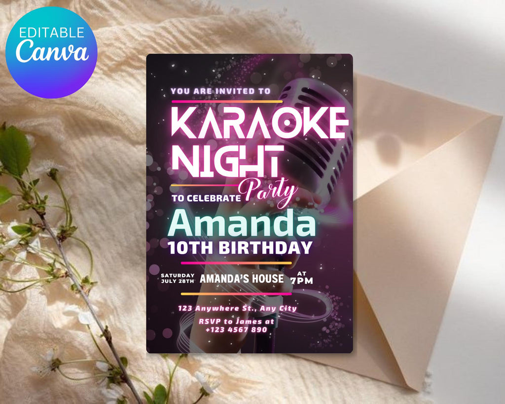 Editable Karaoke Party Birthday Invitation, Glow Karaoke birthday party, Neon singing music party invite, Karaoke and glow instant download