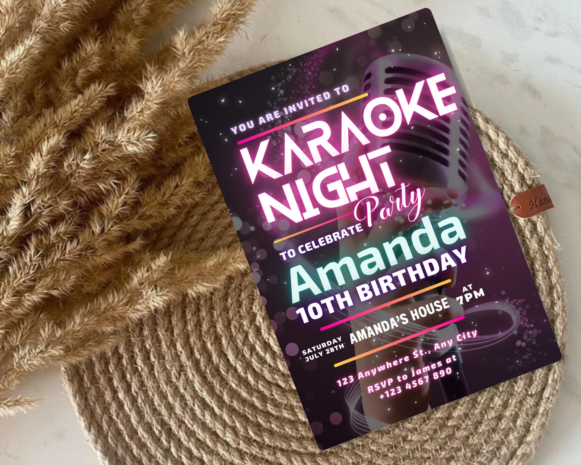 Editable Karaoke Party Birthday Invitation, Glow Karaoke birthday party, Neon singing music party invite, Karaoke and glow instant download