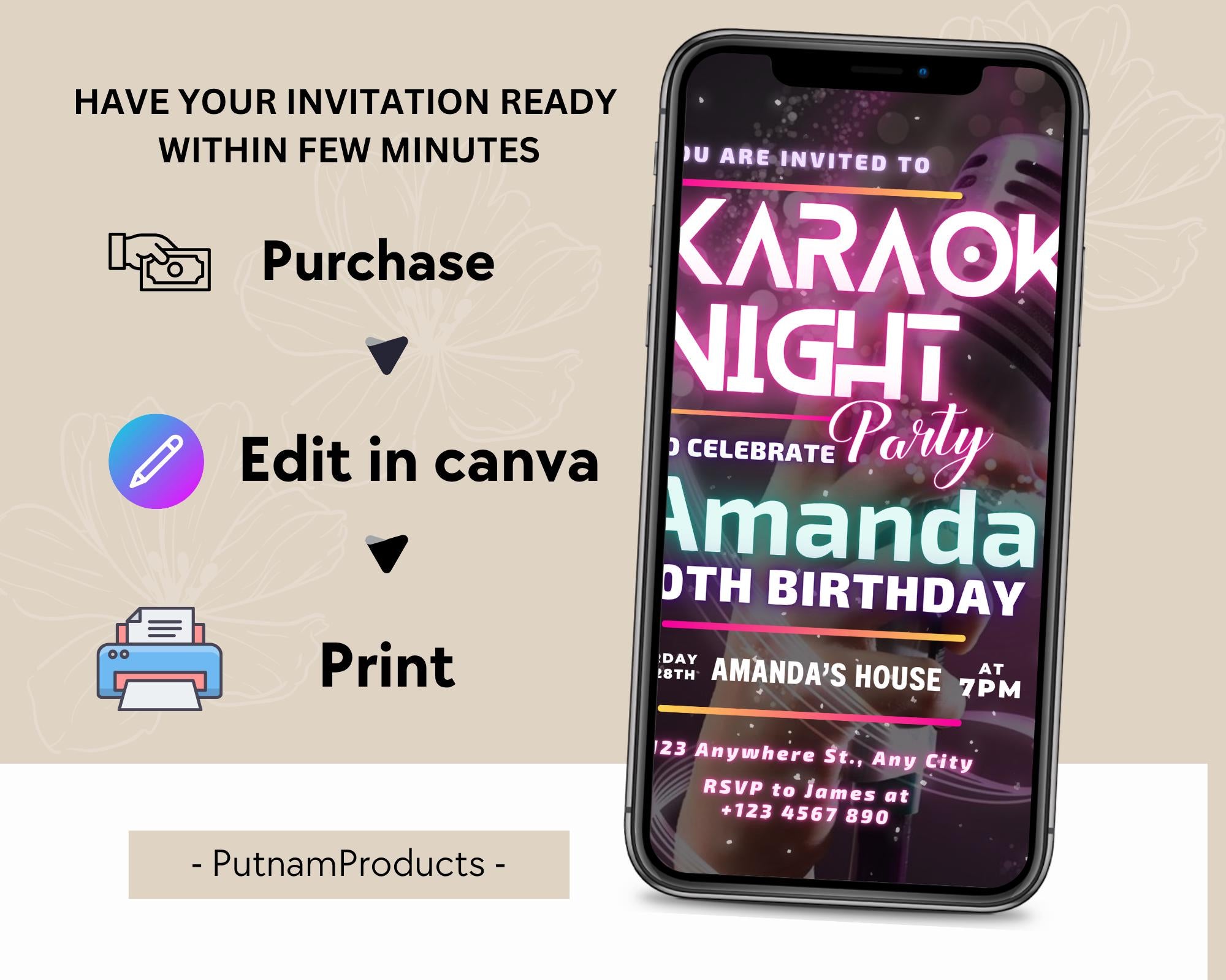 Editable Karaoke Party Birthday Invitation, Glow Karaoke birthday party, Neon singing music party invite, Karaoke and glow instant download