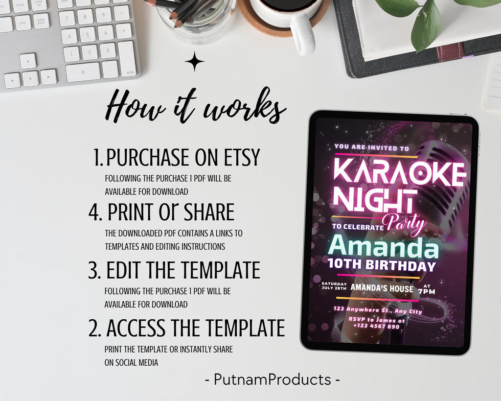 Editable Karaoke Party Birthday Invitation, Glow Karaoke birthday party, Neon singing music party invite, Karaoke and glow instant download