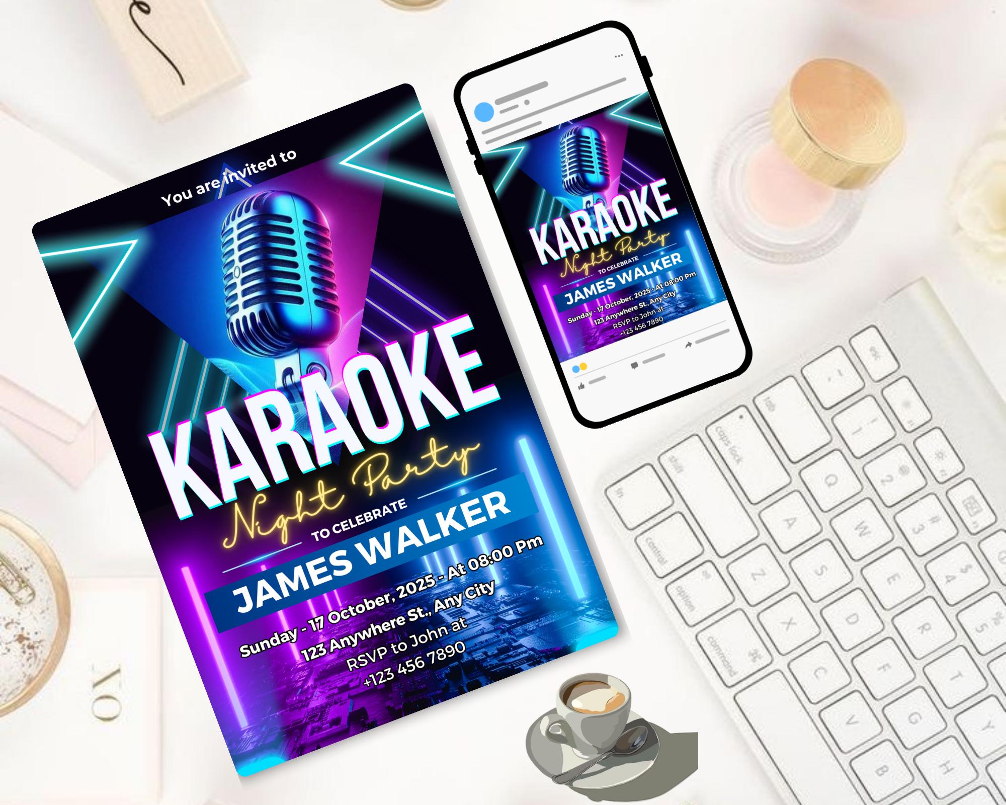 Editable Karaoke Birthday Invitation, Karaoke Birthday Invitation, Glow Girl Karaoke Party Invite, Karaoke Birthday Party, Canva Template