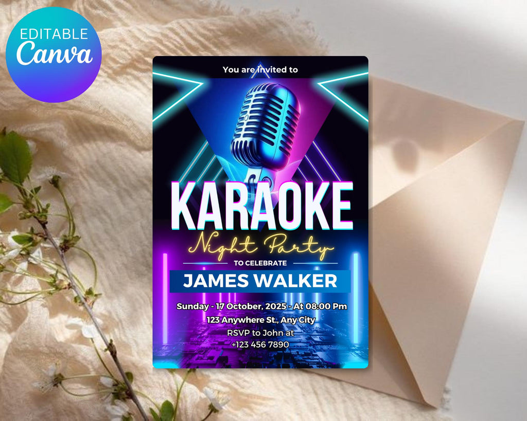 Editable Karaoke Birthday Invitation, Karaoke Birthday Invitation, Glow Girl Karaoke Party Invite, Karaoke Birthday Party, Canva Template