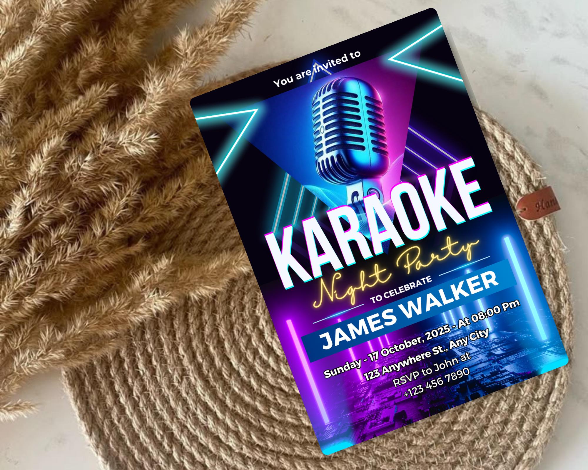 Editable Karaoke Birthday Invitation, Karaoke Birthday Invitation, Glow Girl Karaoke Party Invite, Karaoke Birthday Party, Canva Template