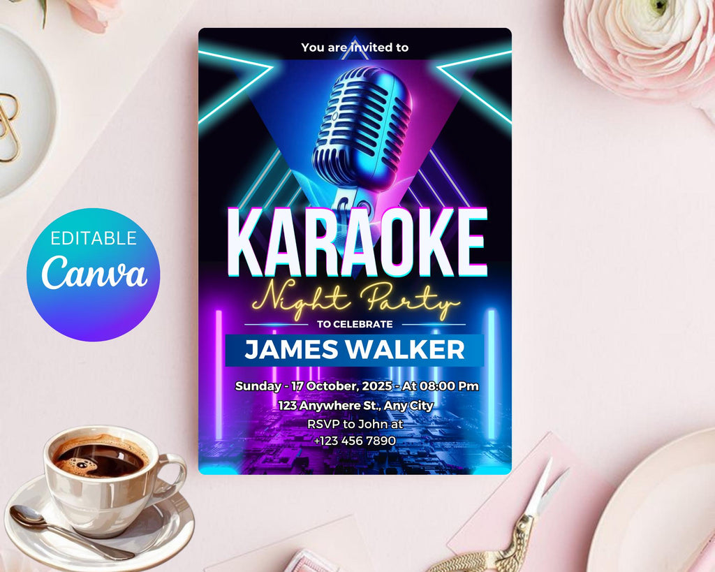 Editable Karaoke Birthday Invitation, Karaoke Birthday Invitation, Glow Girl Karaoke Party Invite, Karaoke Birthday Party, Canva Template