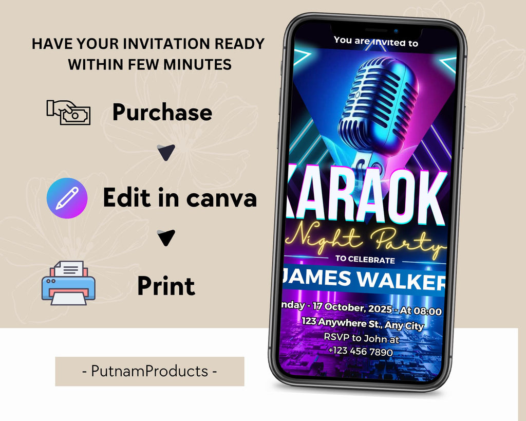 Editable Karaoke Birthday Invitation, Karaoke Birthday Invitation, Glow Girl Karaoke Party Invite, Karaoke Birthday Party, Canva Template
