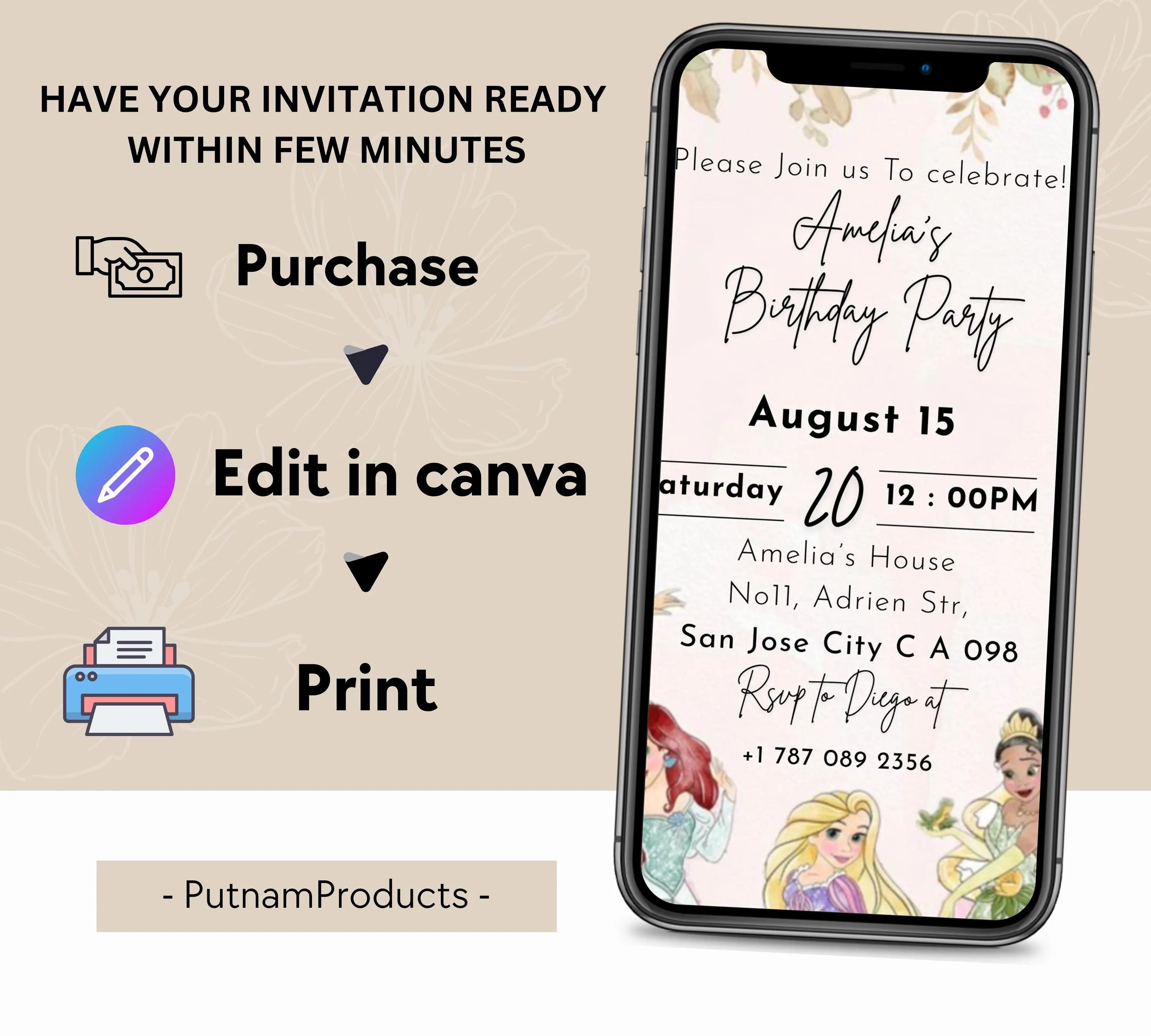 EDITABLE Rapunzel Birthday Invitation, Princess Birthday Invitation, Kids Digital Invitation, Girls Birthday Invitation, Instant Download