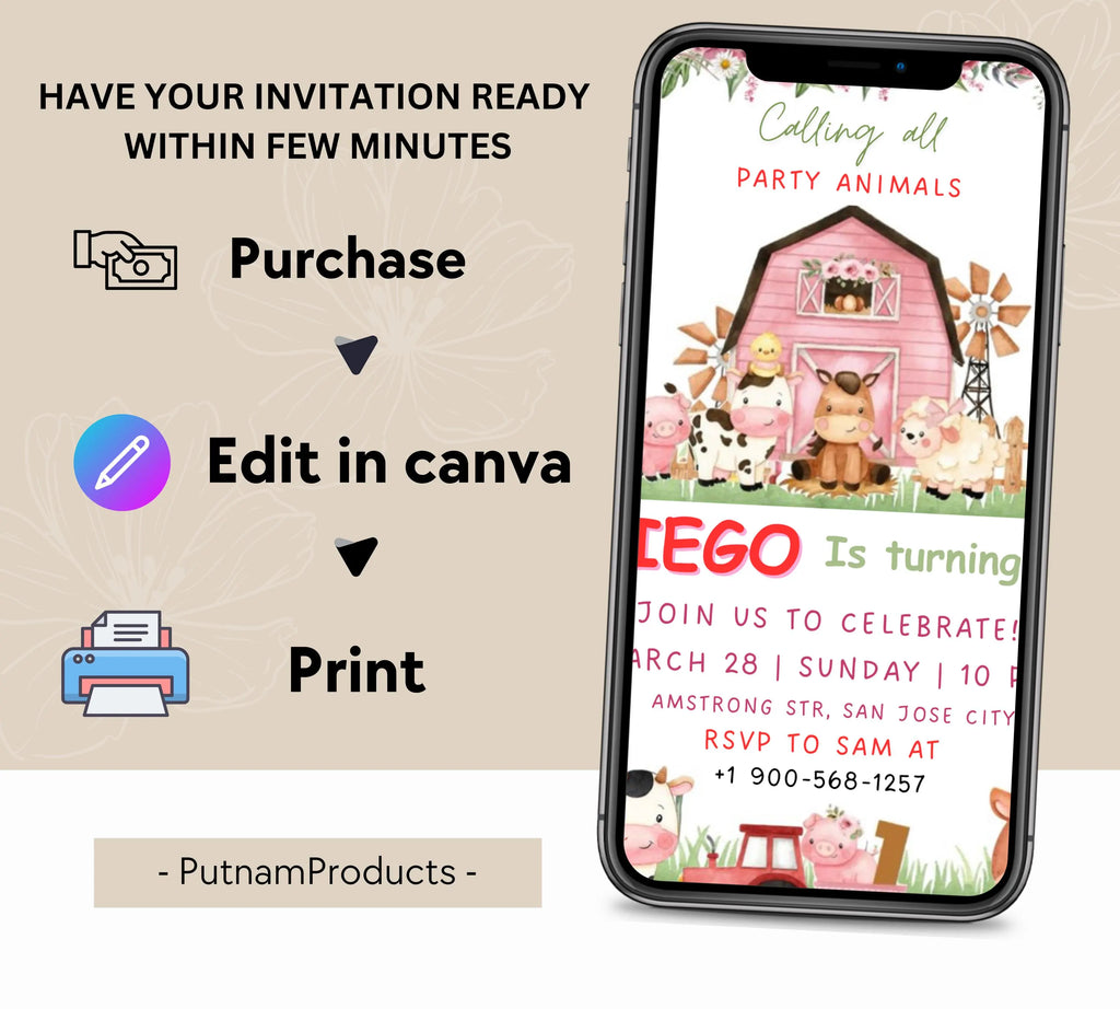 Editable Farm Birthday Invitation, Farm Animals Birthday Invitation, Farm Boy Birthday Invite, Ranch Kids Birthday, Instant Download