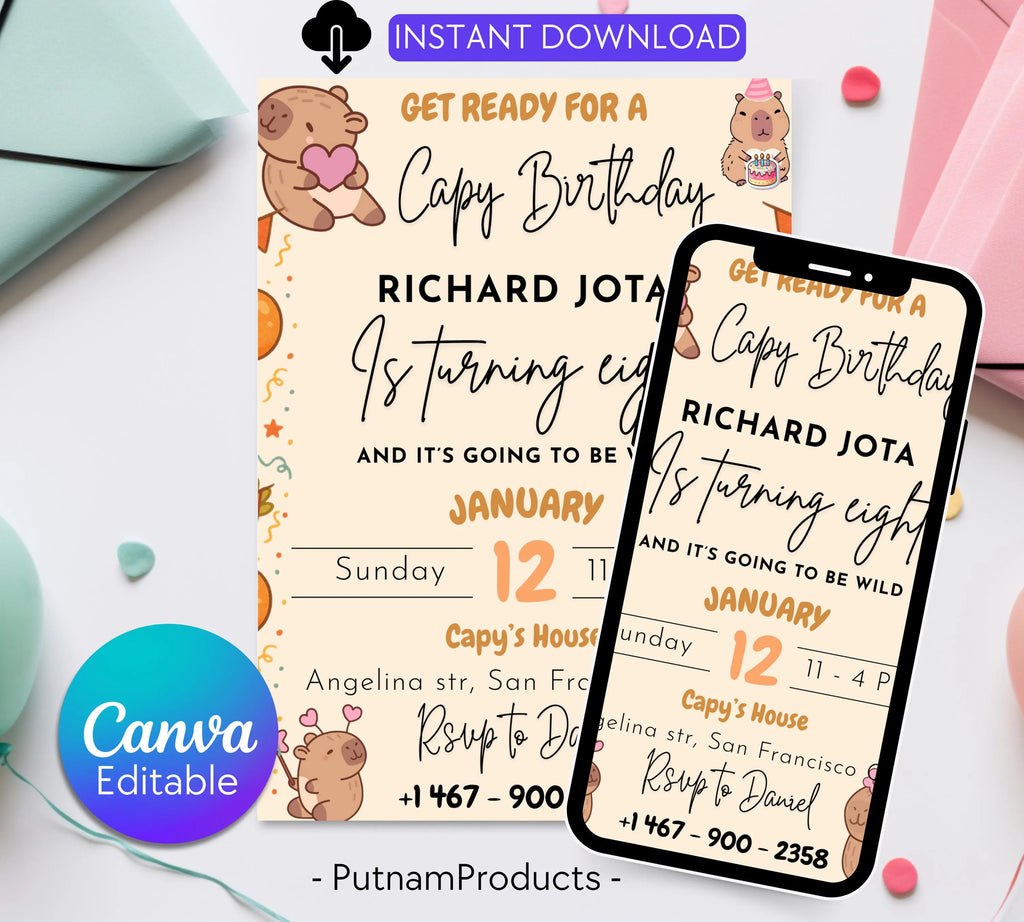 Capybara Birthday Invitation, Capy Birthday Editable Template, Printable Digital Download, Kids Birthday Theme, Instant Download Invitation