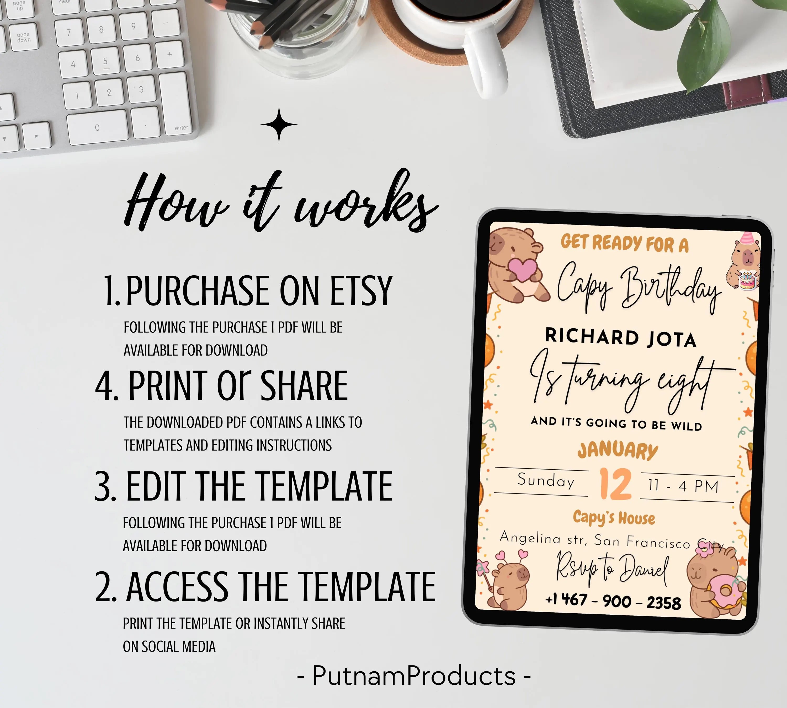 Capybara Birthday Invitation, Capy Birthday Editable Template, Printable Digital Download, Kids Birthday Theme, Instant Download Invitation