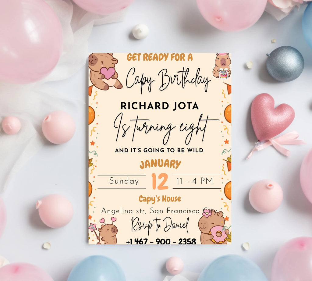 Capybara Birthday Invitation, Capy Birthday Editable Template, Printable Digital Download, Kids Birthday Theme, Instant Download Invitation