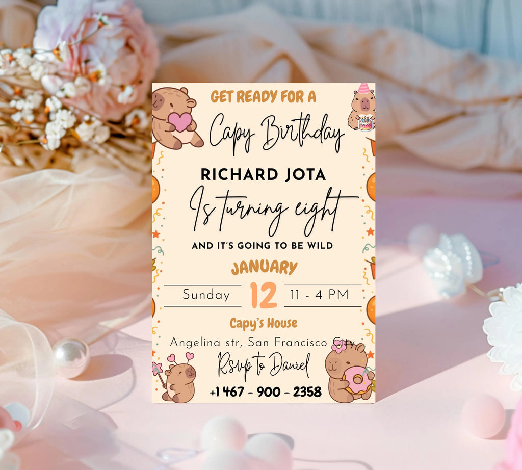 Capybara Birthday Invitation, Capy Birthday Editable Template, Printable Digital Download, Kids Birthday Theme, Instant Download Invitation