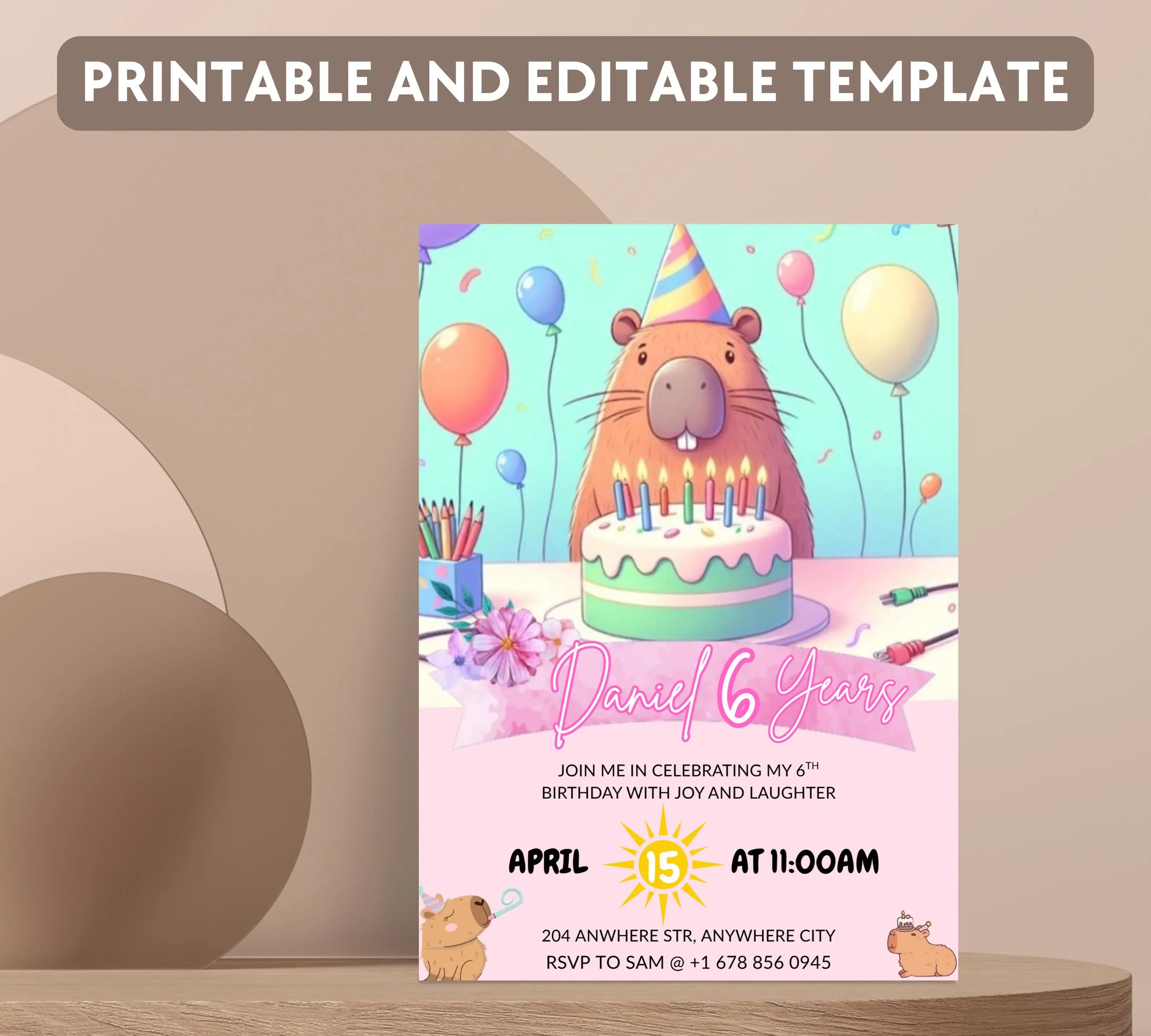Capybara Birthday Invitation, Capy Birthday Editable Template, Printable Digital Download, Kids Birthday Theme, Instant Download Invitation