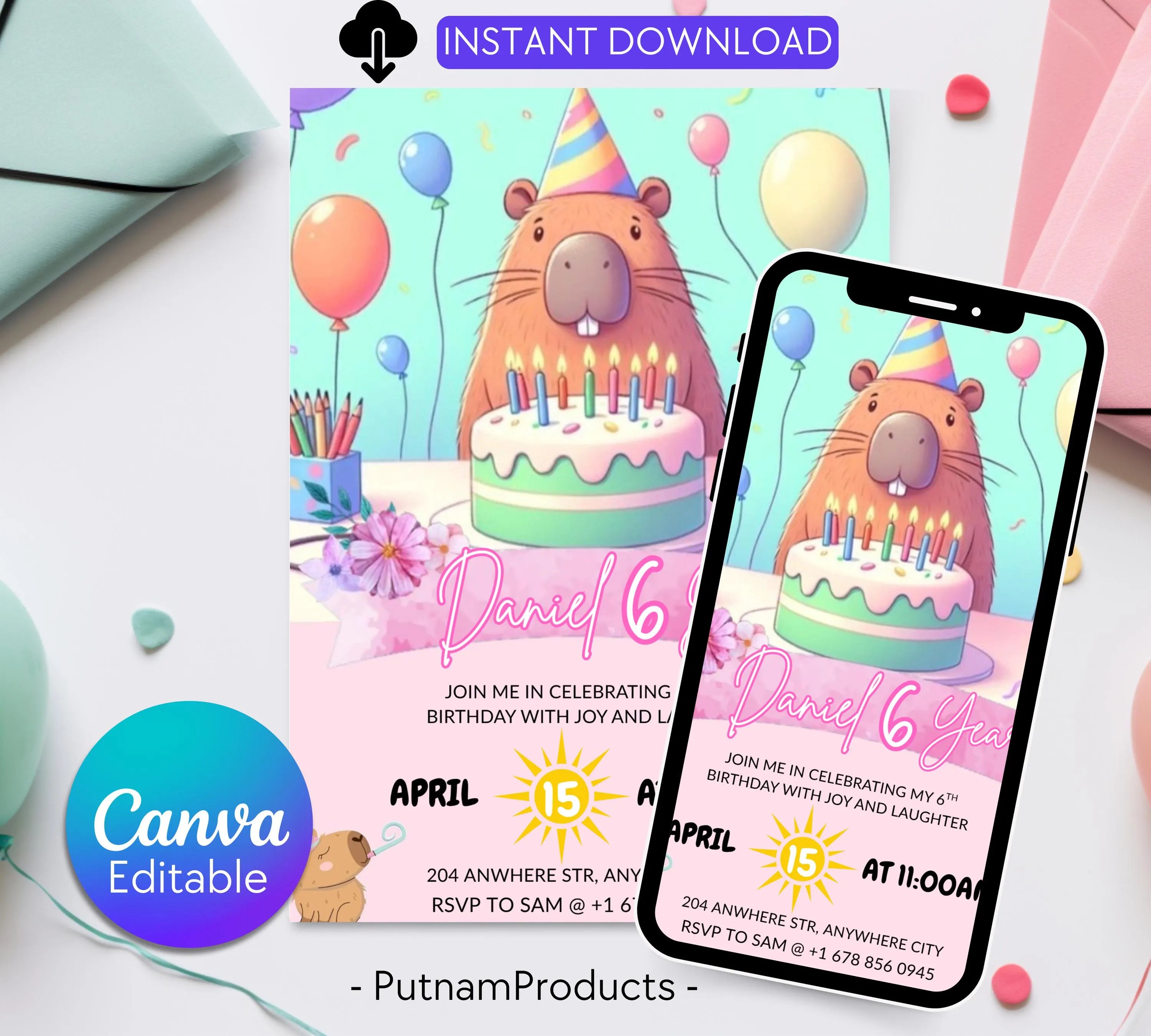 Capybara Birthday Invitation, Capy Birthday Editable Template, Printable Digital Download, Kids Birthday Theme, Instant Download Invitation
